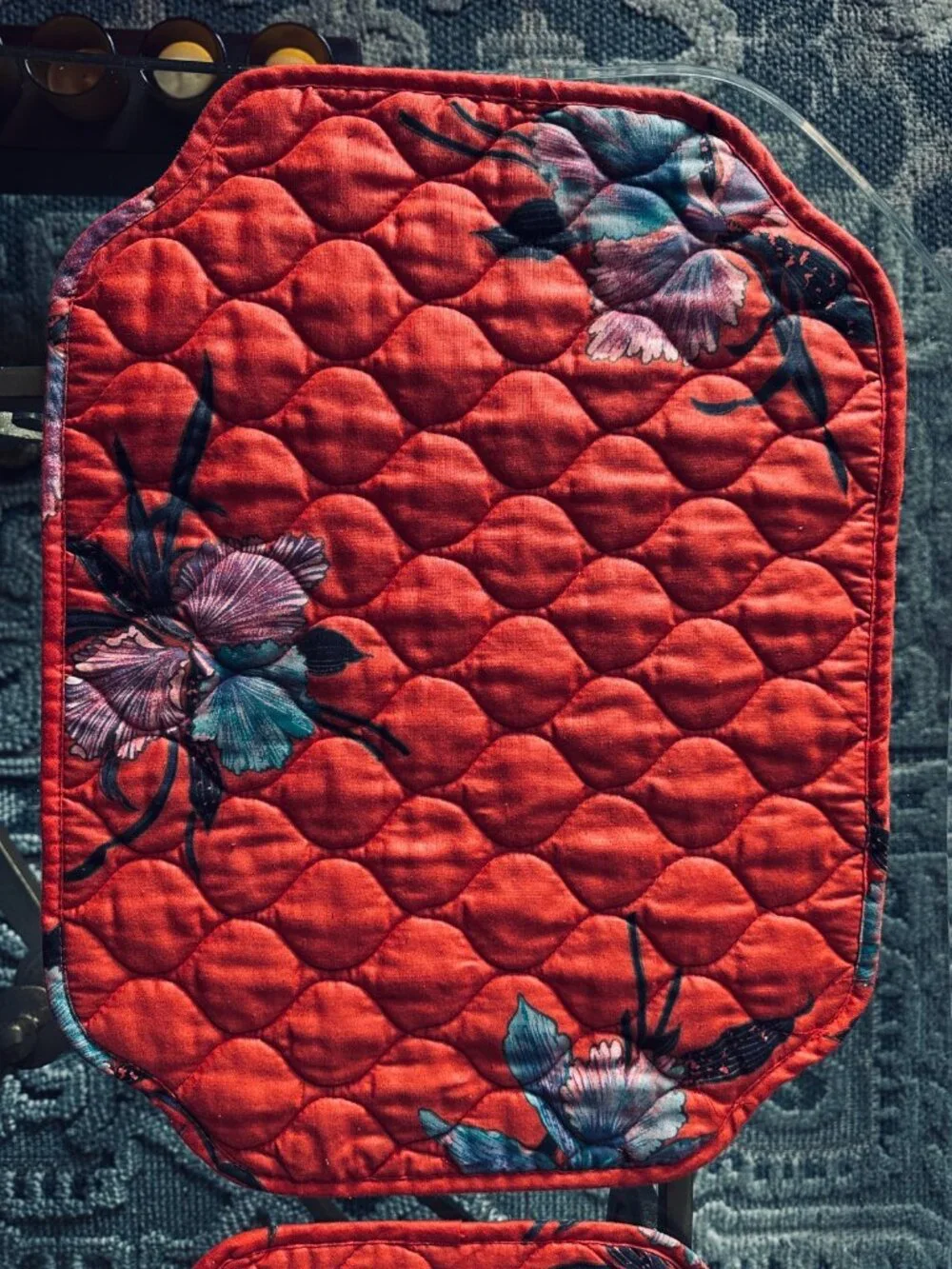 6 Vintage Quilted Placemats Orange Red Floral Table Mats Cottage Kitchen Linens